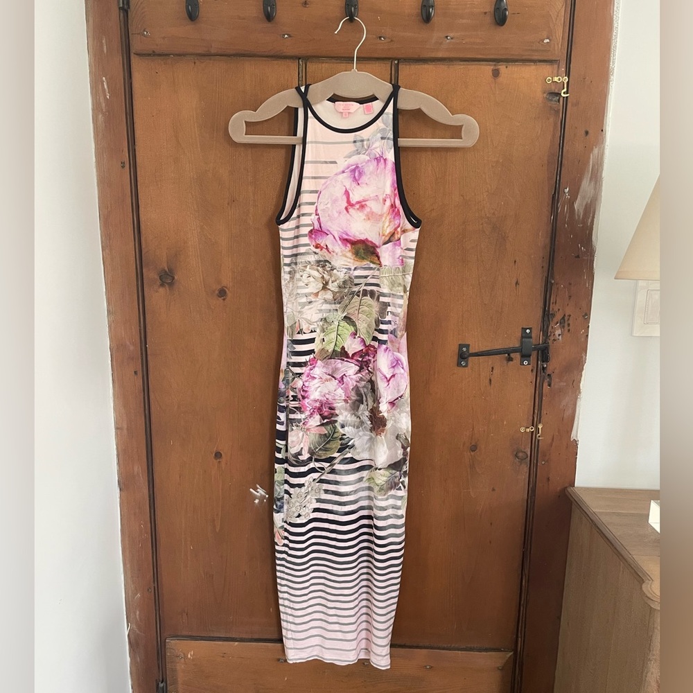 Sleeveless Pink Floral & Stripe Midi Dress